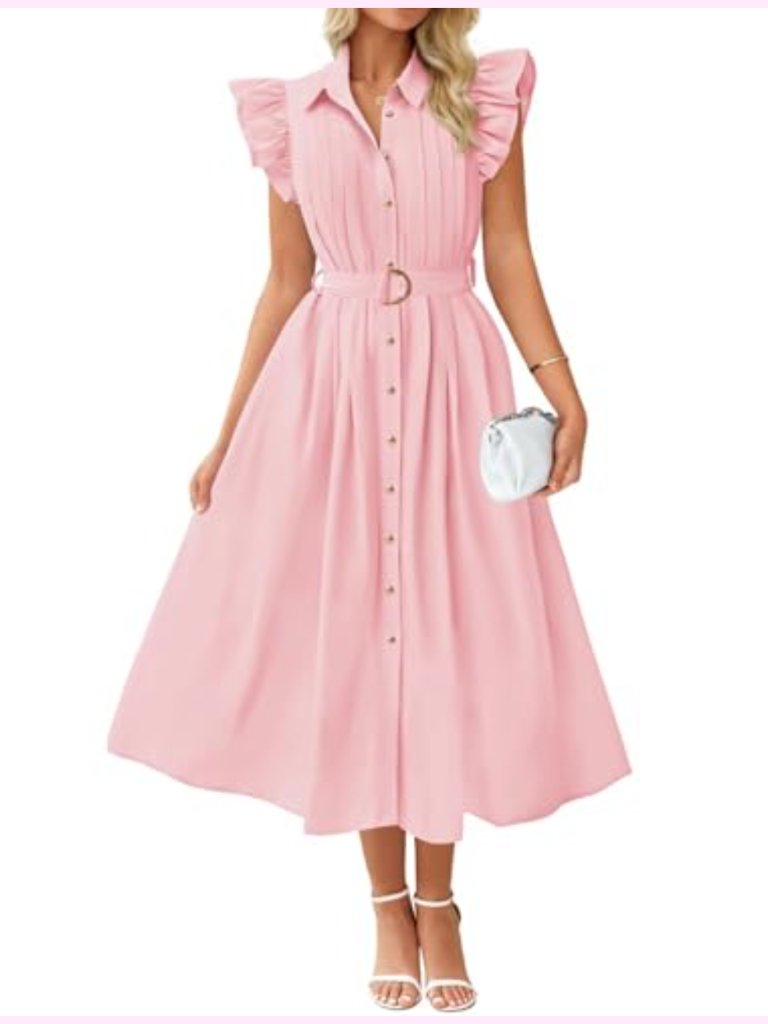 Zesica Summer Button Midi Dress Flutter Short Sleeve Belted Business Casual